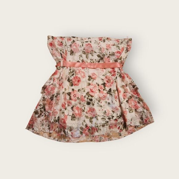 Vintage Y2k pastel pink floral print empire waist ribbon accent ruffle tube top - Picture 2 of 4